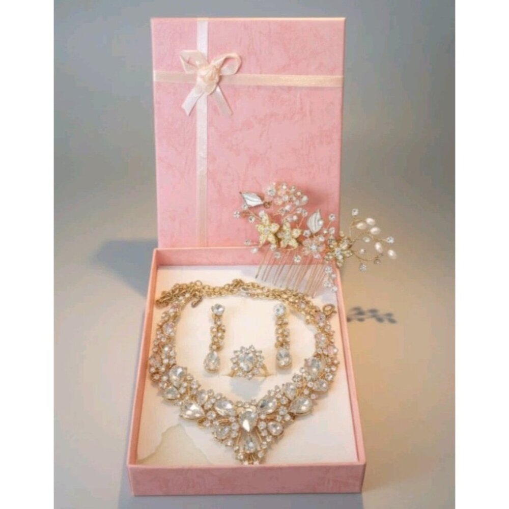 Bridal Set Haircomb Necklace Earrings Crystal Pearl Goldtone 80s Art Deco
